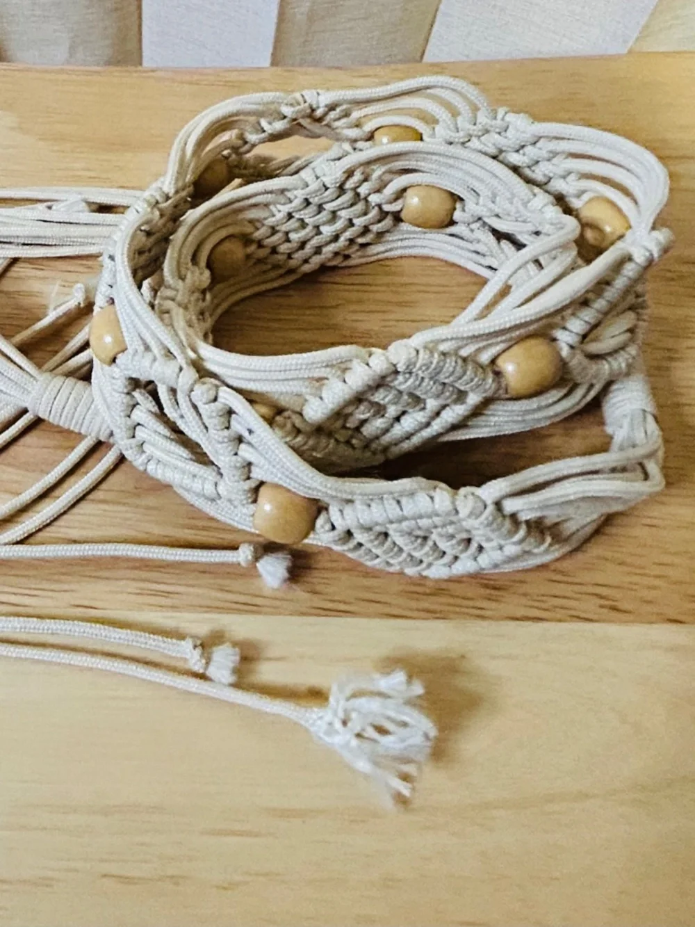 *Festival* Beige Macrame Tie Belt Adjustable No Buckle Wooden Beads Tassels